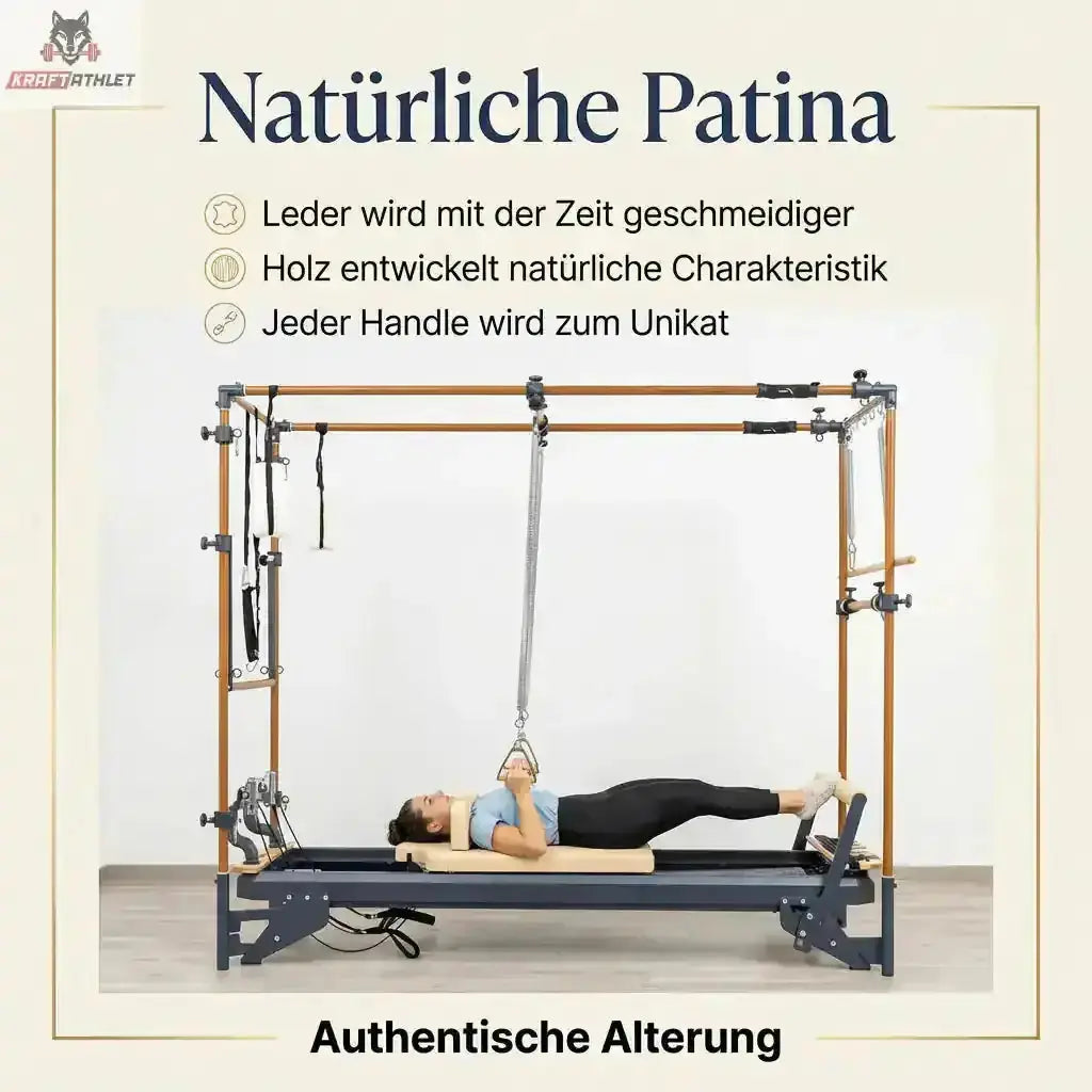 Hegren Leder-Holz-Griffe, Übung liegend im Cadillac mit Grafik zur Patina von Leder und Holz