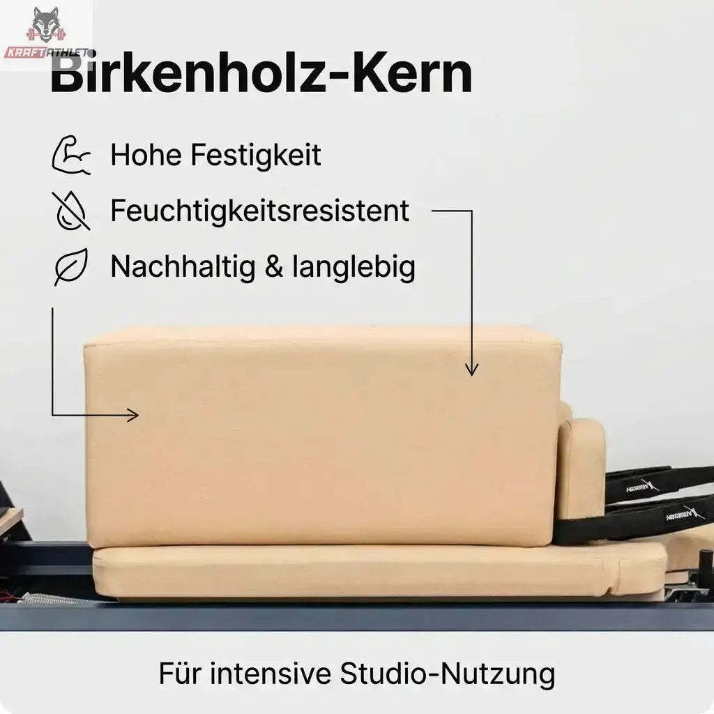 Hegren Pilates Box Modern im Detail: Birkenholz-Kern unter der beigen Polsterung
