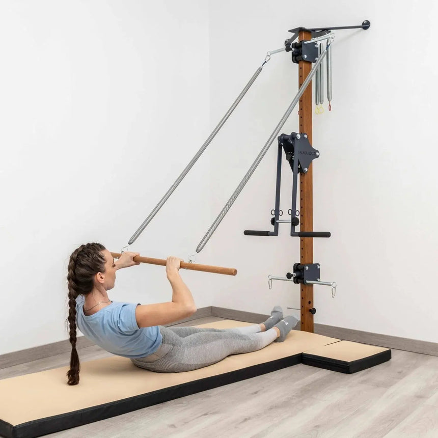 HEGREN Pilates Wooden Stick 1.10m with connecting links, crafted from polished solid oak, designed for balance and flexibility exercises.
