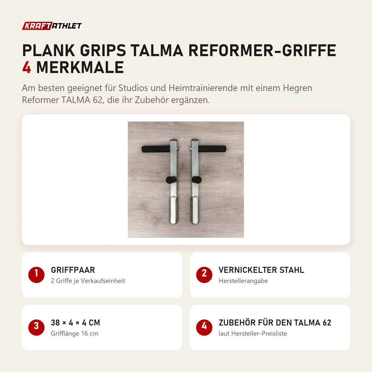 Hegren Plank Grips TALMA Reformer-Griffe mit 4 Merkmalen: Griffpaar, Vernickelter Stahl, 38 × 4 × 4 cm, Zubehör für den TALMA 62