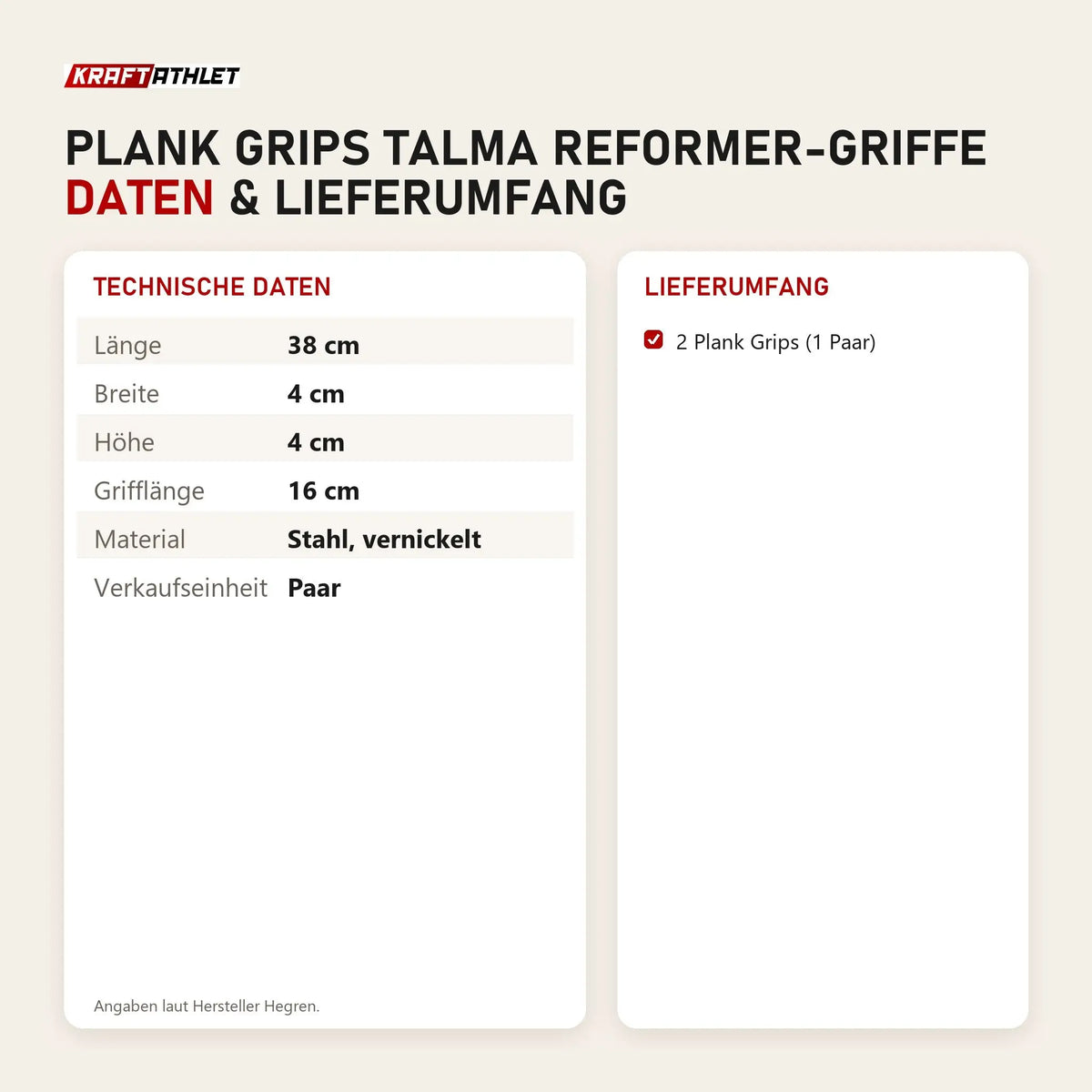 Technische Daten und Lieferumfang von Hegren Plank Grips TALMA Reformer-Griffe als Tabelle