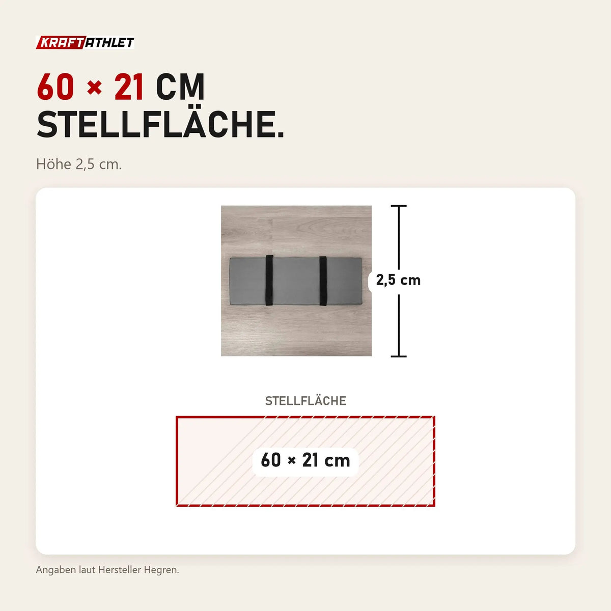Maßbild Hegren Platform Pad LEGATO Reformer-Auflage: Stellfläche 60 × 21 cm, Höhe 2,5 cm