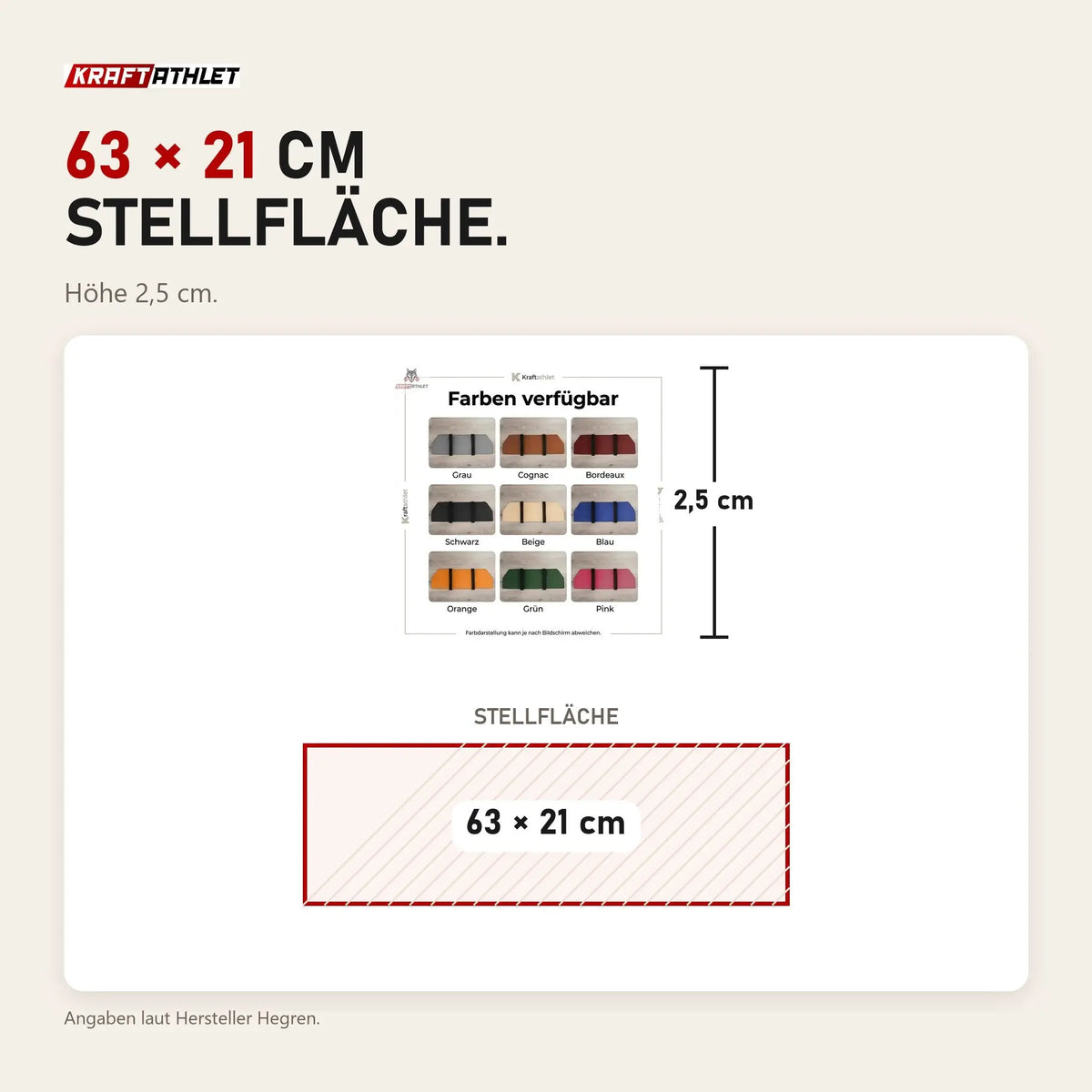 Maßbild Hegren Platform Pad TALMA Reformer-Auflage: Stellfläche 63 × 21 cm, Höhe 2,5 cm