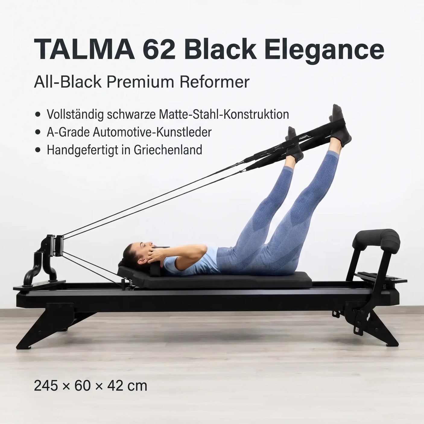 Hegren TALMA 62 Black Elegance – All-Black Premium Pilates Reformer, 245 × 60 × 42 cm, handgefertigt in Griechenland