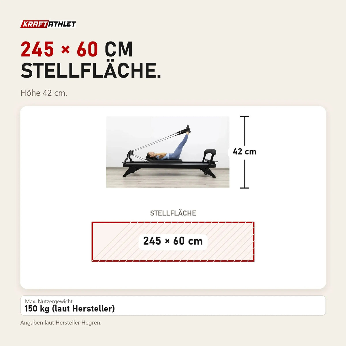 Maßbild Hegren TALMA 62 Black Elegance Reformer: Stellfläche 245 × 60 cm, Höhe 42 cm