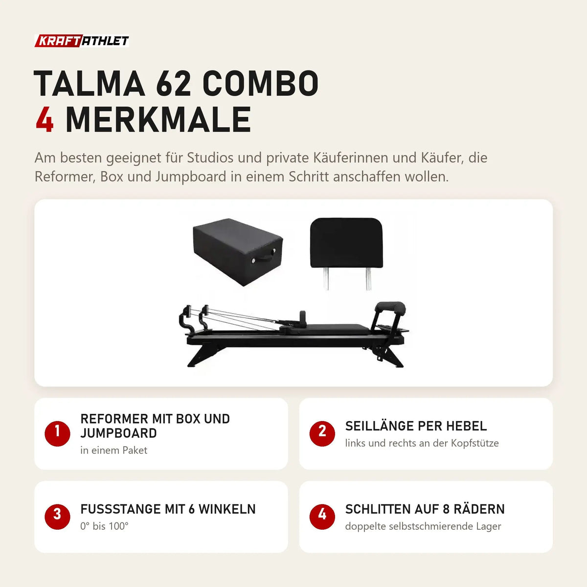 Hegren TALMA 62 Combo mit 4 Merkmalen: Reformer mit Box und Jumpboard, Seillänge per Hebel, Fußstange mit 6 Winkeln, Schlitten auf 8 Rädern