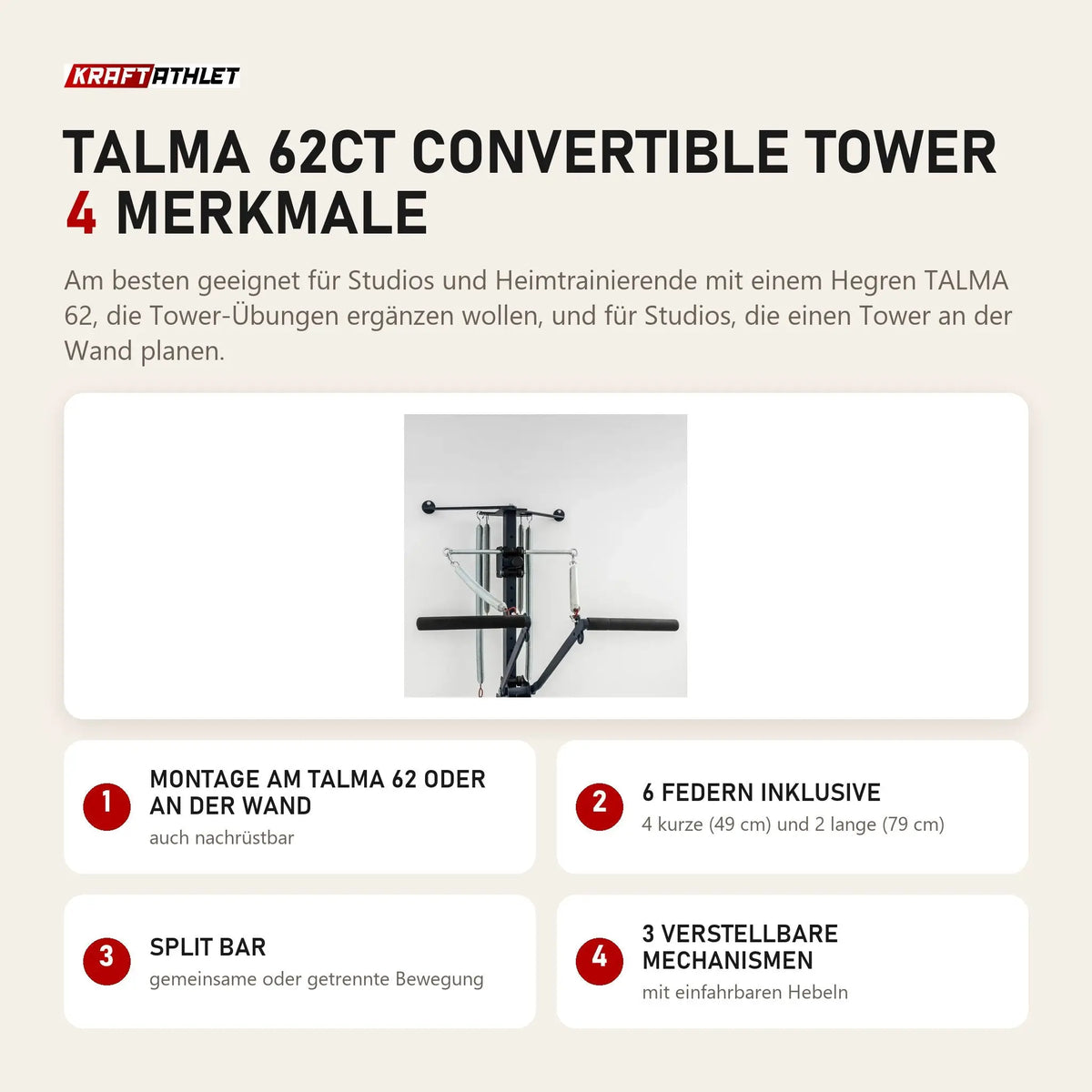 Hegren TALMA 62CT Convertible Tower mit 4 Merkmalen: Montage am TALMA 62 oder an der Wand, 6 Federn inklusive, Split Bar, 3 verstellbare Mechanismen