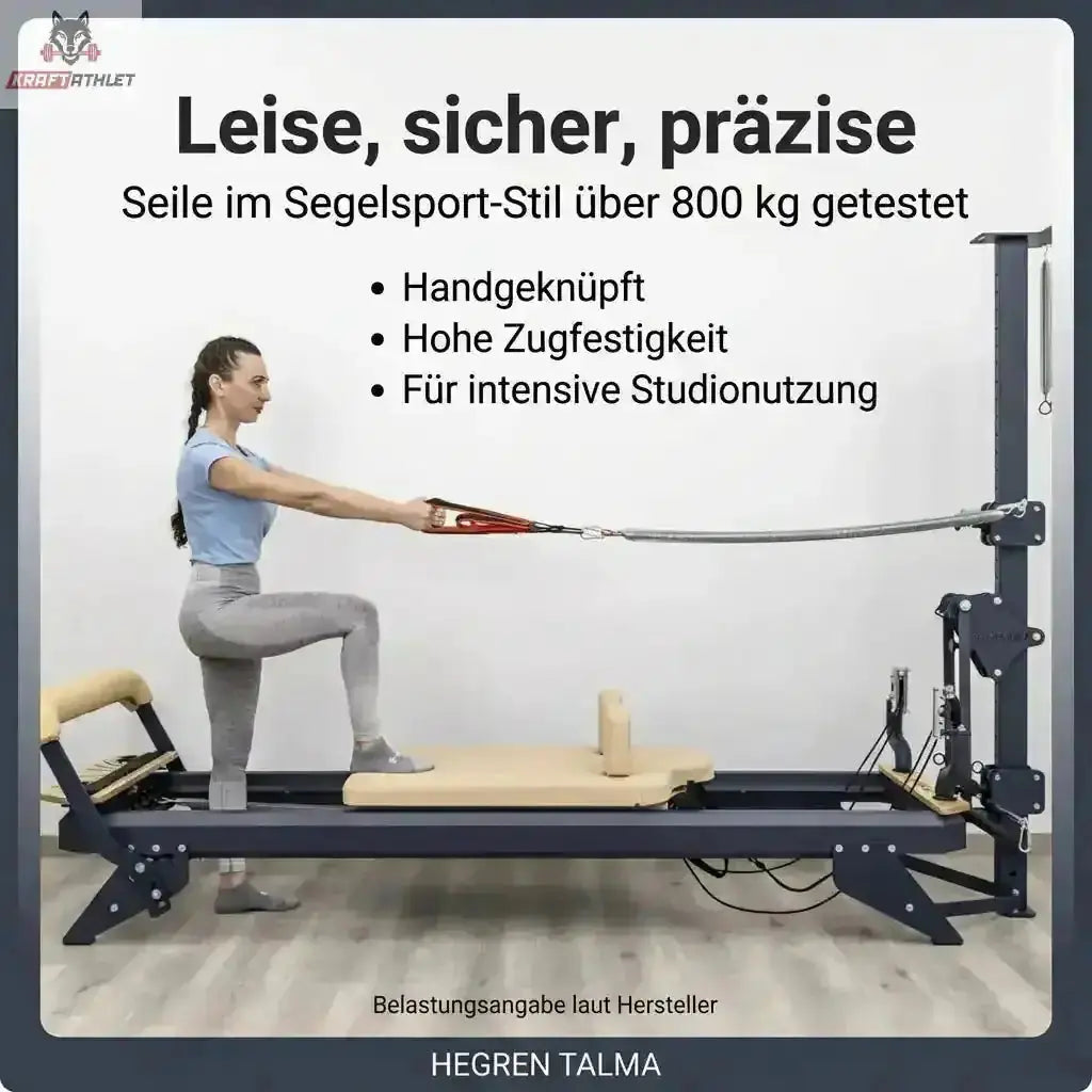 Hegren TALMA 62CT+ Reformer mit Tower, Grafik zu den Seilen mit Frau im Ausfallschritt