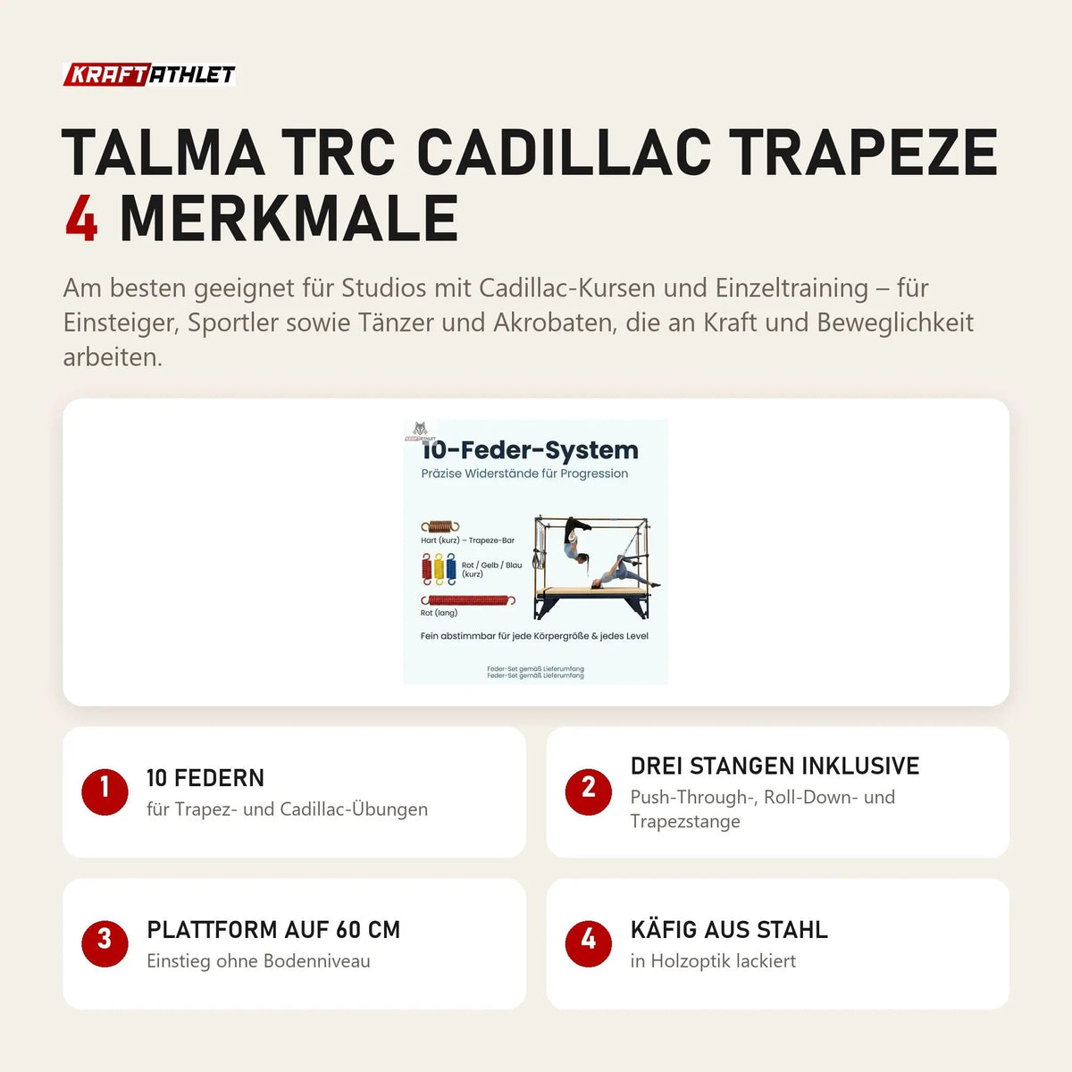 Hegren TALMA TRC Cadillac Trapeze mit 4 Merkmalen: 10 Federn, Drei Stangen inklusive, Plattform auf 60 cm, Käfig aus Stahl
