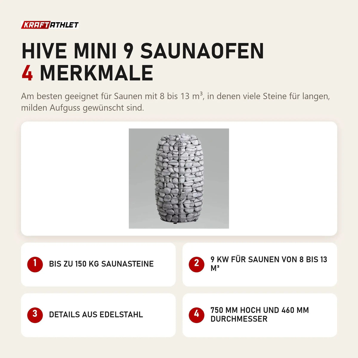 HUUM HIVE Mini 9 Saunaofen mit 4 Merkmalen: Bis zu 150 kg Saunasteine, 9 kW für Saunen von 8 bis 13 m³, Details aus Edelstahl, 750 mm hoch und 460 mm Durchmesser