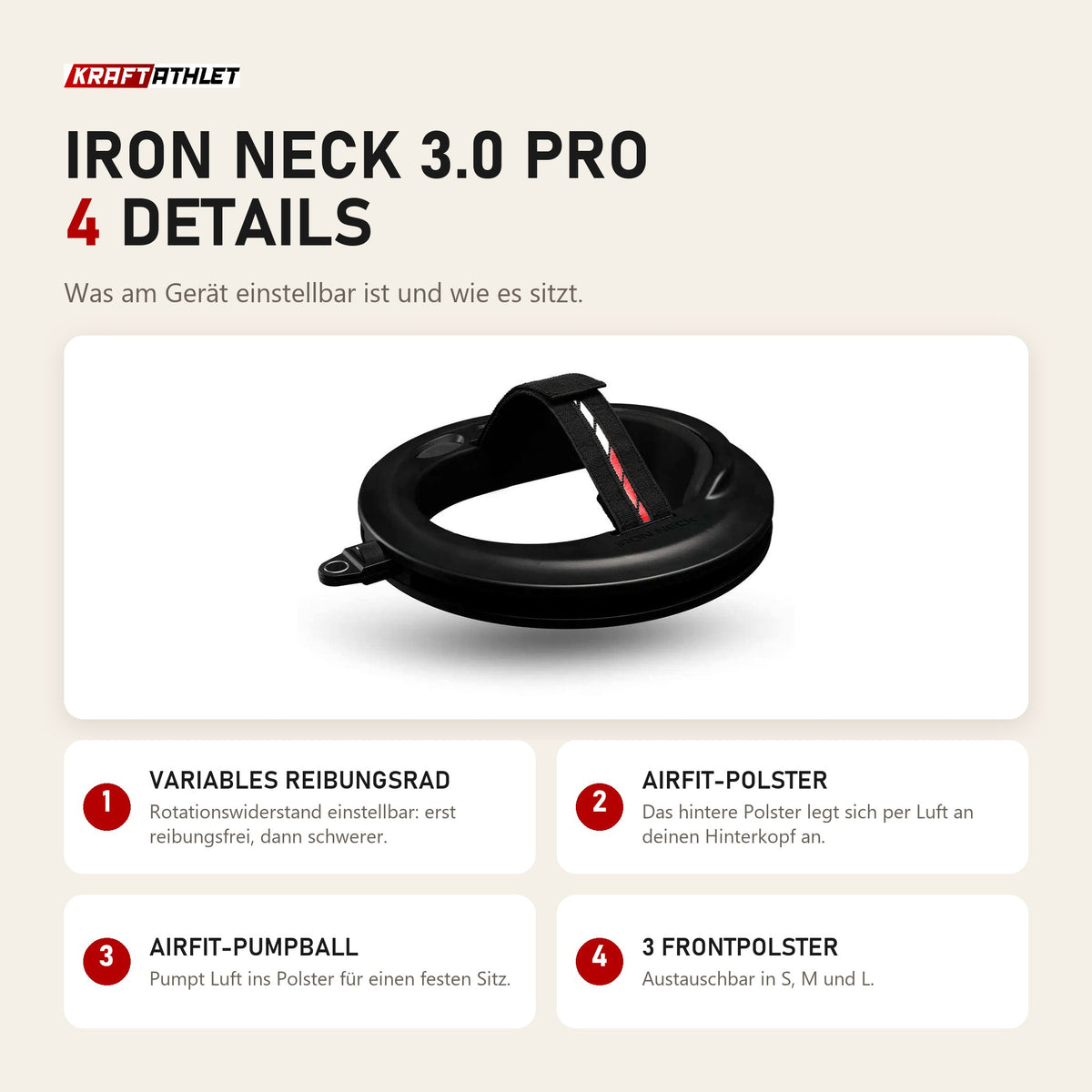 Iron Neck 3.0 Pro Nackentrainer: 4 Details zu Reibungsrad, AirFit-Polster, Pumpball und Frontpolstern
