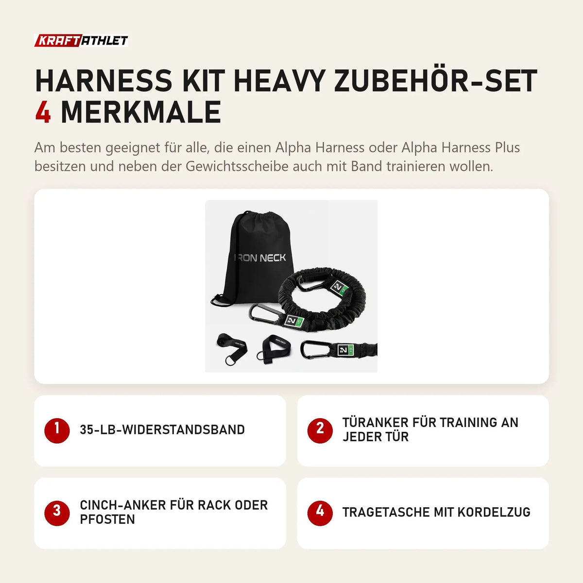Iron Neck Harness Kit Heavy Zubehör-Set mit 4 Merkmalen: 35-lb-Widerstandsband, Türanker für Training an jeder Tür, Cinch-Anker für Rack oder Pfosten, Tragetasche mit Kordelzug