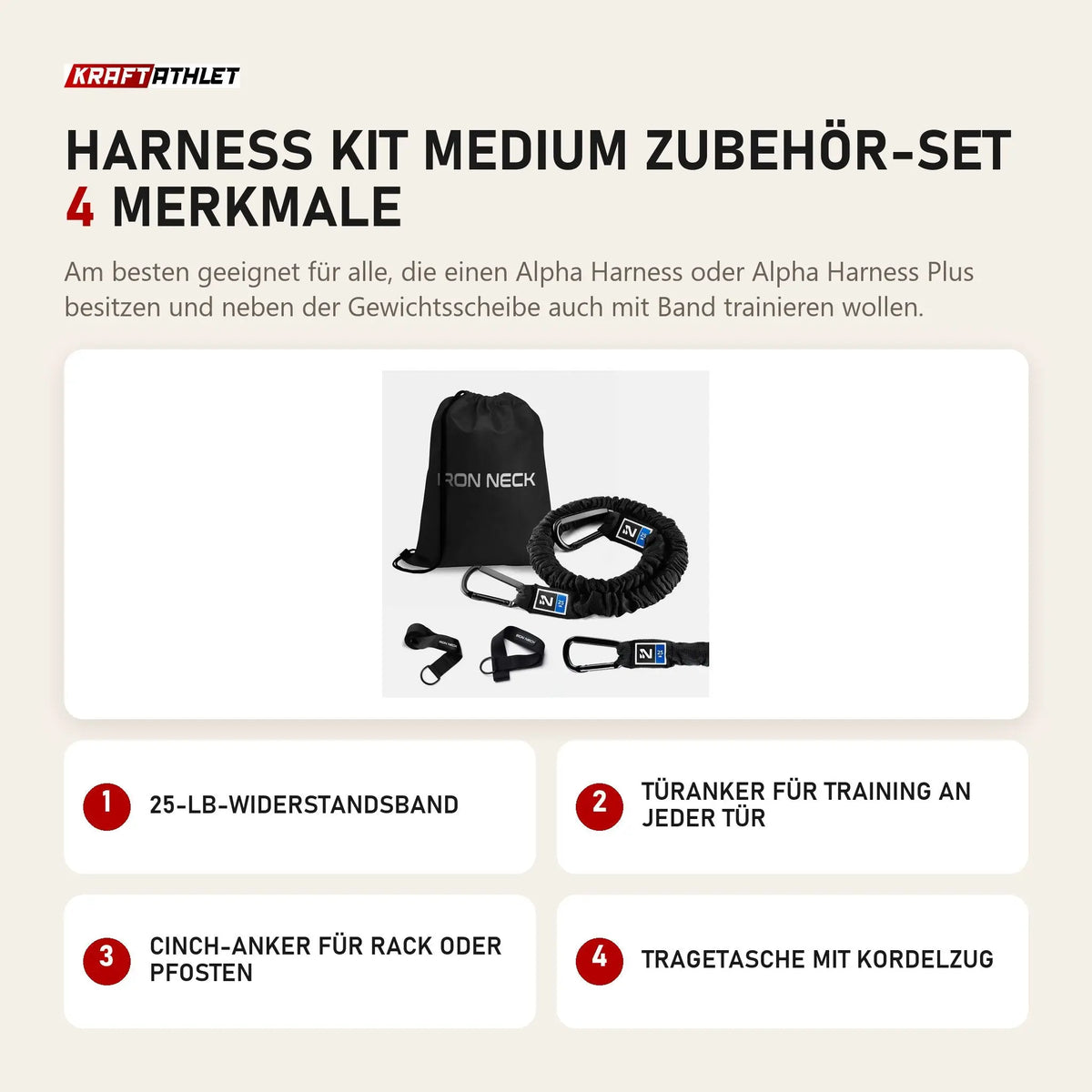 Iron Neck Harness Kit Medium Zubehör-Set mit 4 Merkmalen: 25-lb-Widerstandsband, Türanker für Training an jeder Tür, Cinch-Anker für Rack oder Pfosten, Tragetasche mit Kordelzug