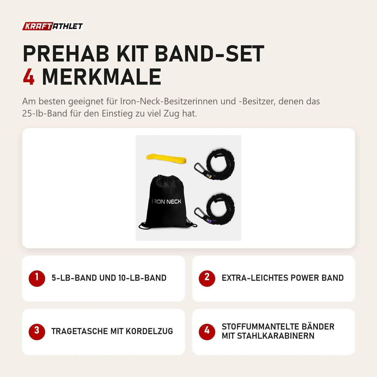 Iron Neck Prehab Kit Band-Set mit 4 Merkmalen: 5-lb-Band und 10-lb-Band, Extra-leichtes Power Band, Tragetasche mit Kordelzug, Stoffummantelte Bänder mit Stahlkarabinern