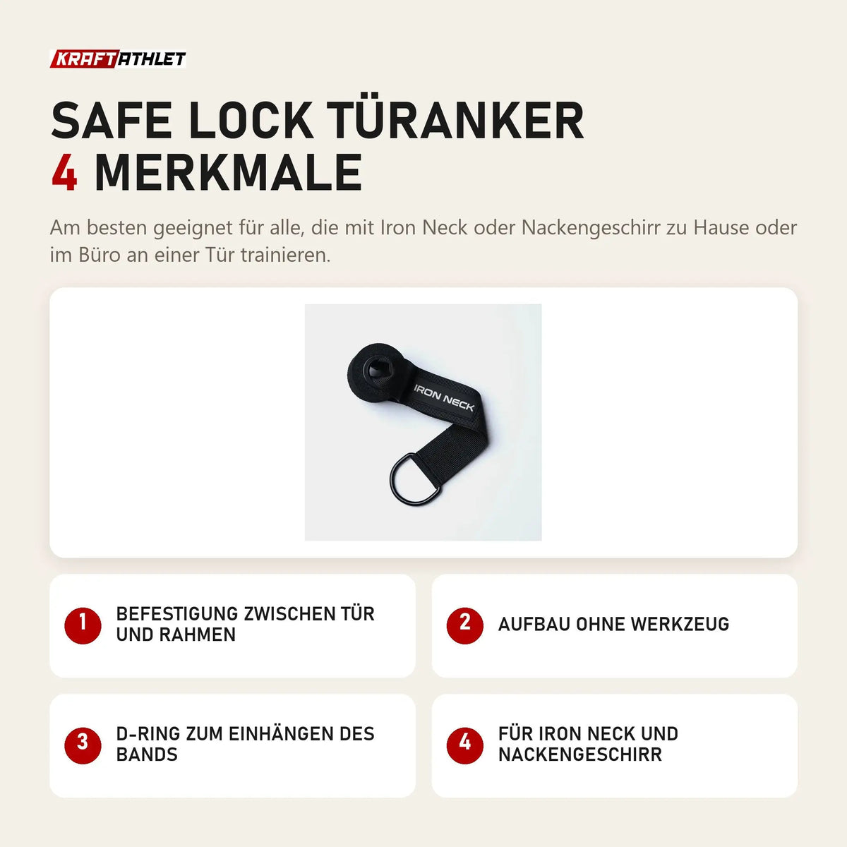 Iron Neck Safe Lock Türanker mit 4 Merkmalen: Befestigung zwischen Tür und Rahmen, Aufbau ohne Werkzeug, D-Ring zum Einhängen des Bands, Passend zum Nackengeschirr