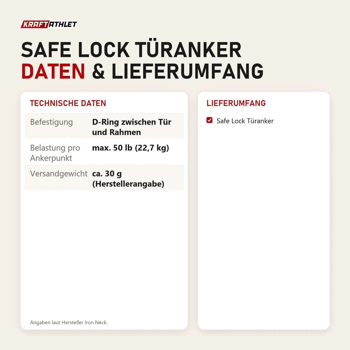 Technische Daten und Lieferumfang von Iron Neck Safe Lock Türanker als Tabelle