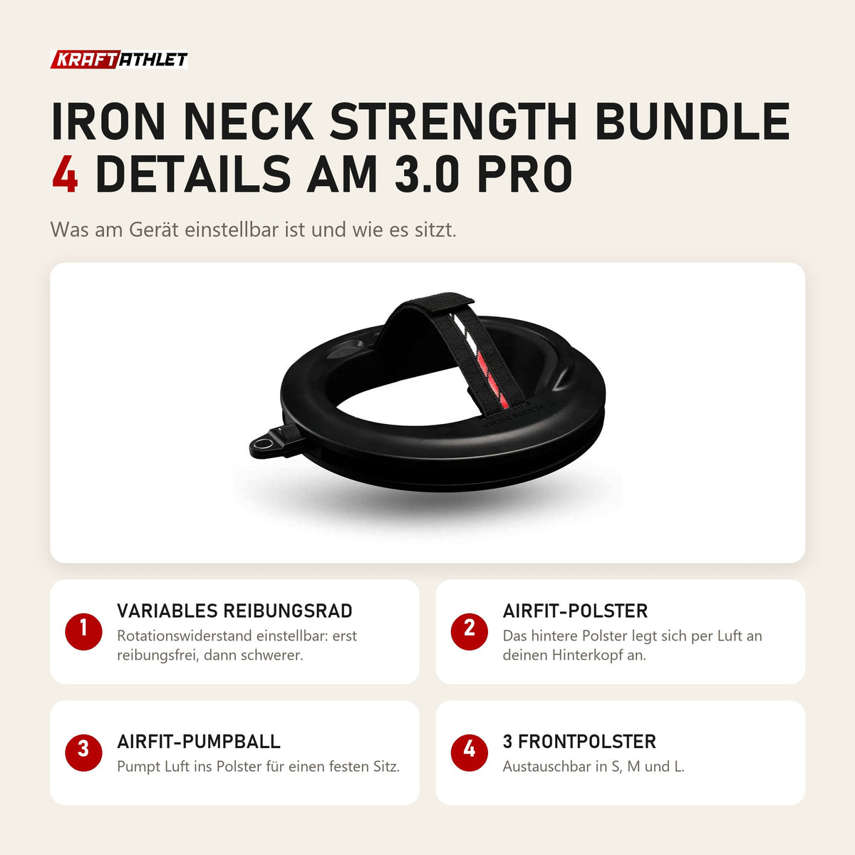 Iron Neck Strength Bundle Nackentrainer-Set: 4 Details zu Reibungsrad, AirFit-Polster, Pumpball und Frontpolstern