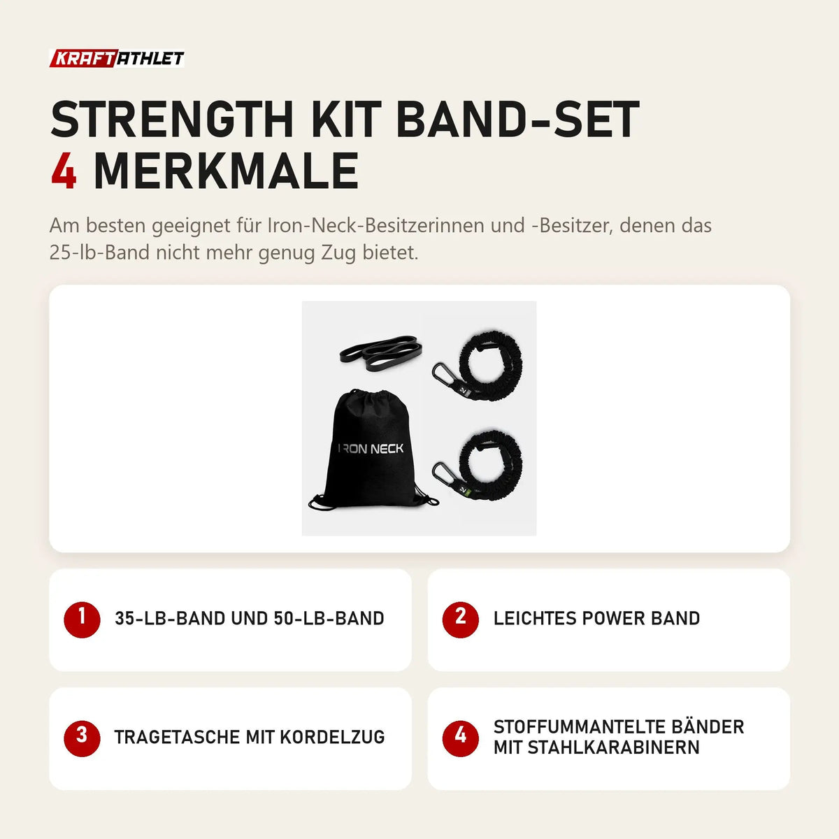 Iron Neck Strength Kit Band-Set mit 4 Merkmalen: 35-lb-Band und 50-lb-Band, Leichtes Power Band, Tragetasche mit Kordelzug, Stoffummantelte Bänder mit Stahlkarabinern