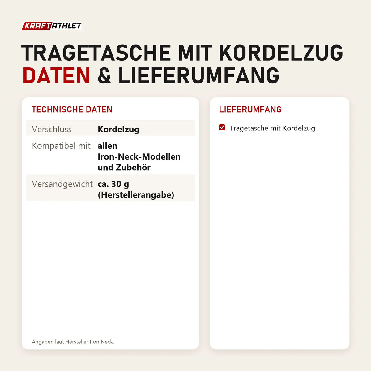 Technische Daten und Lieferumfang von Iron Neck Tragetasche mit Kordelzug als Tabelle