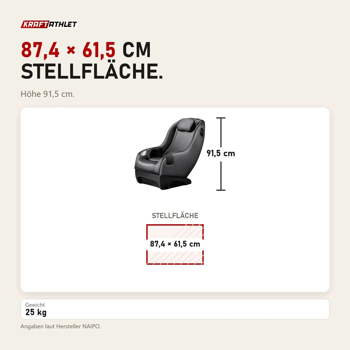Maßbild NAIPO Model A SpaceSaver A150 Massagesessel: Stellfläche 87,4 × 61,5 cm, Höhe 91,5 cm