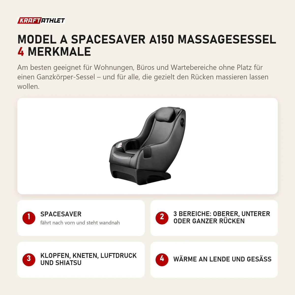 NAIPO Model A SpaceSaver A150 Massagesessel mit 4 Merkmalen: SpaceSaver, 3 Bereiche: oberer, unterer oder ganzer Rücken, Klopfen, Kneten, Luftdruck und Shiatsu, Wärme an Lende und Gesäß