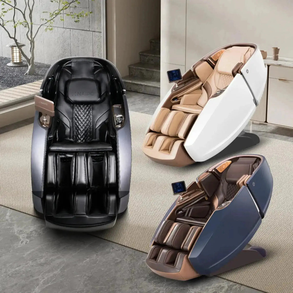 NAIPO Model L Space Capsule Massagesessel, drei Farbvarianten im Wohnraum