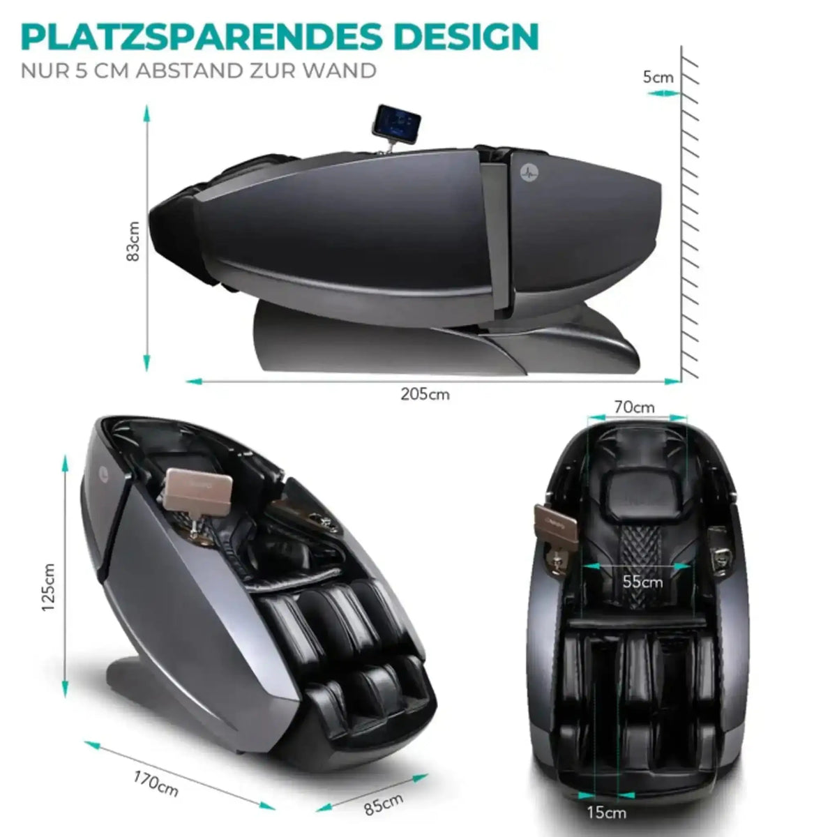 NAIPO Model L Space Capsule Massagesessel, Grafik mit Maßen und Wandabstand