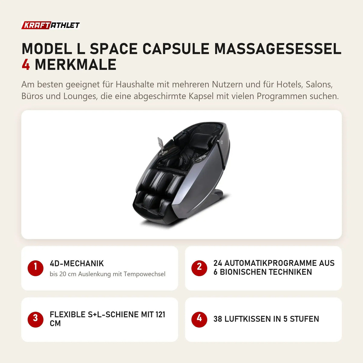 NAIPO Model L Space Capsule Massagesessel mit 4 Merkmalen: 4D-Mechanik, 24 Automatikprogramme aus 6 bionischen Techniken, Flexible S+L-Schiene mit 121 cm, 38 Luftkissen in 5 Stufen