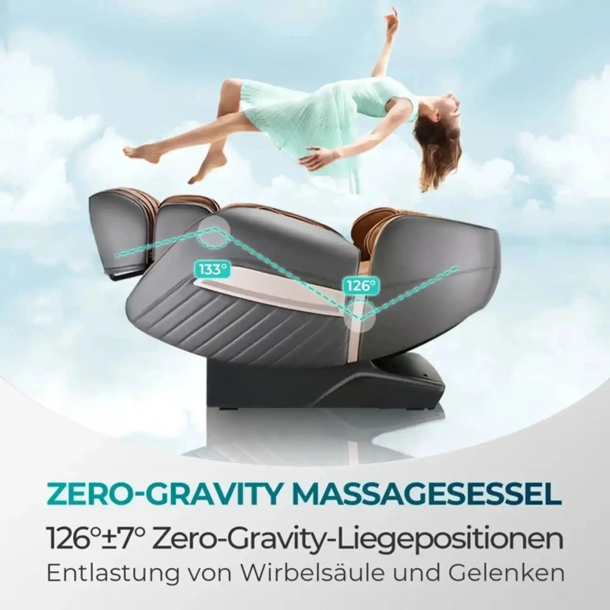 NAIPO Model P A350 Massagesessel in Liegeposition mit Hinweis auf Zero-Gravity