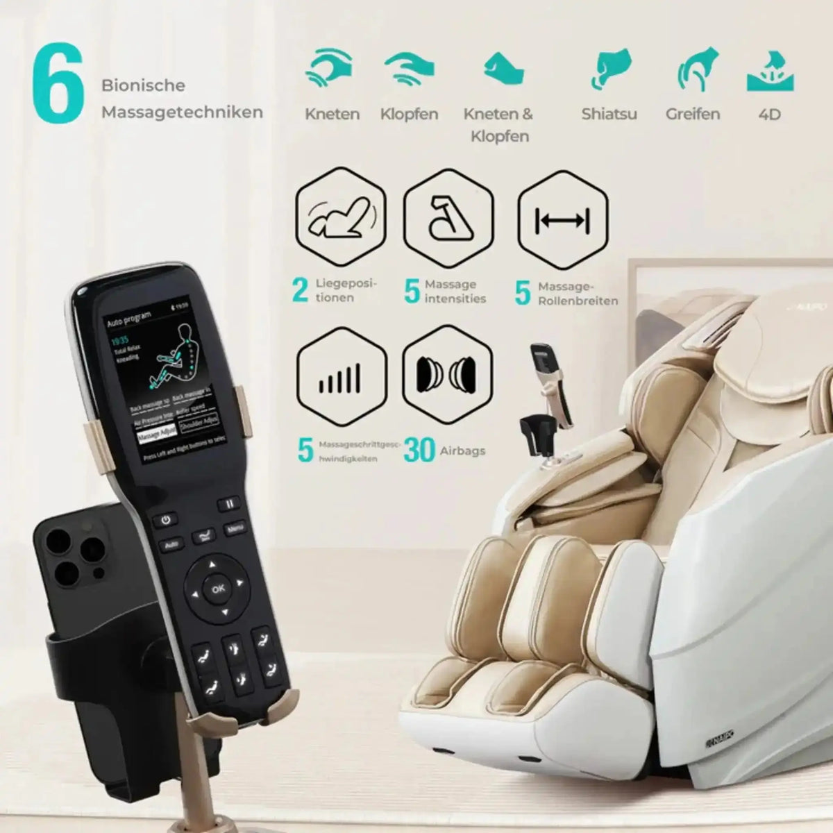 NAIPO R50 Massagesessel in Beige, Infografik mit Fernbedienung, Handyhalter und Übersicht der Massagearten