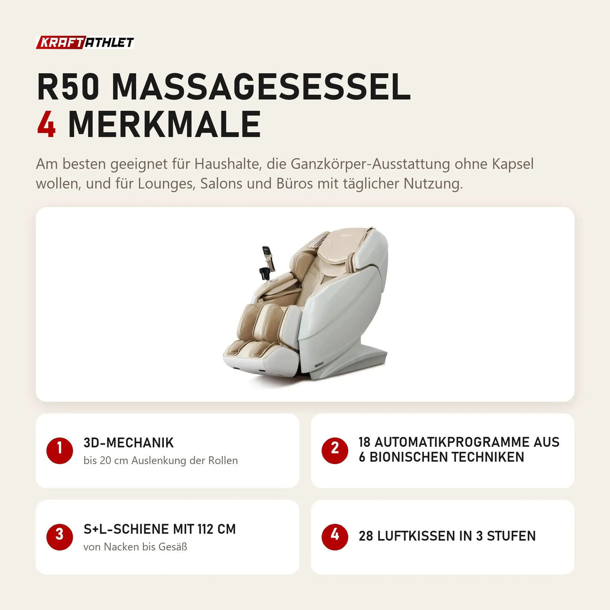 NAIPO R50 Massagesessel mit 4 Merkmalen: 3D-Mechanik, 18 Automatikprogramme aus 6 bionischen Techniken, S+L-Schiene mit 112 cm, 28 Luftkissen in 3 Stufen