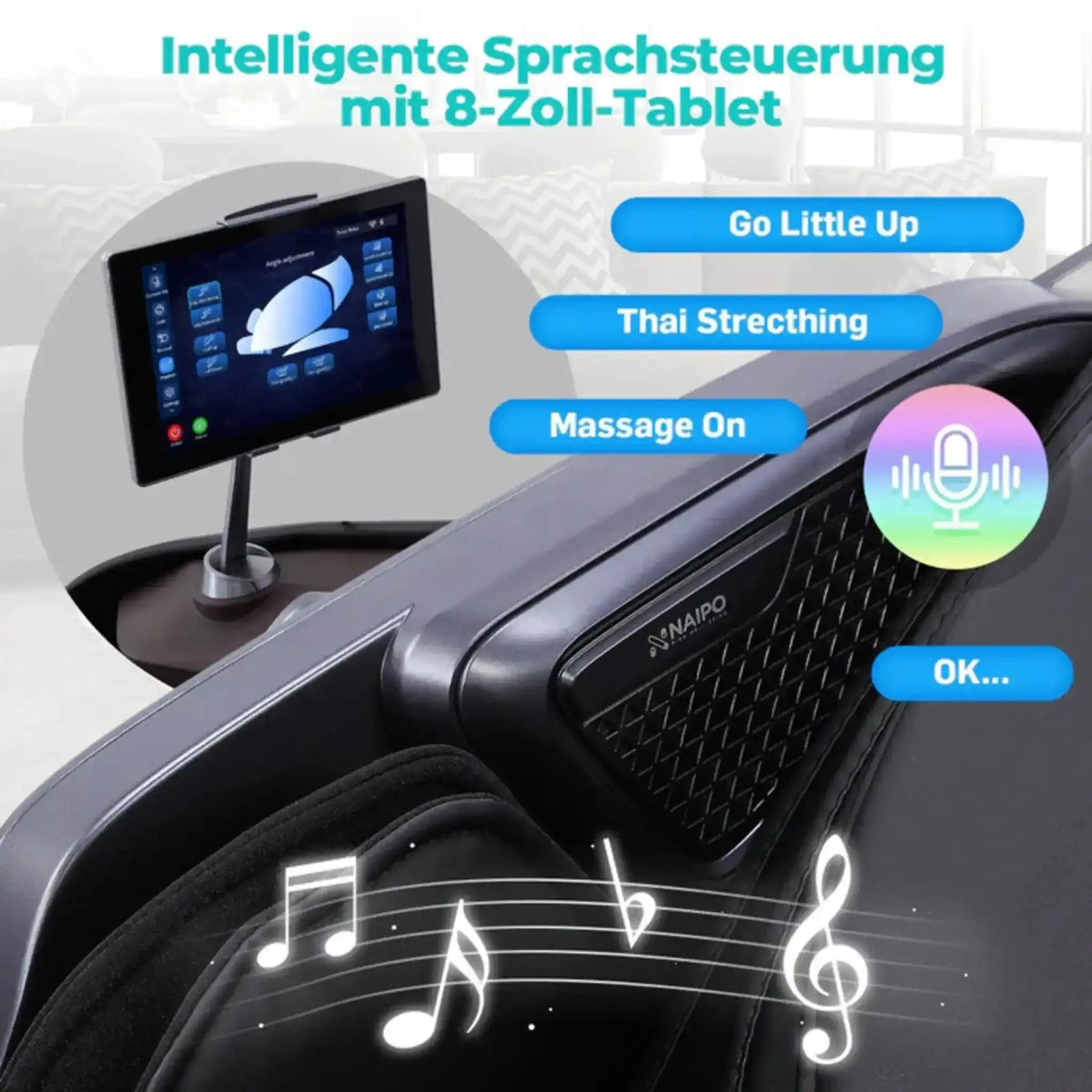 NAIPO S61 4D Massagesessel, Detail des 8-Zoll-Tablets mit Sprachsteuerung an der Armlehne