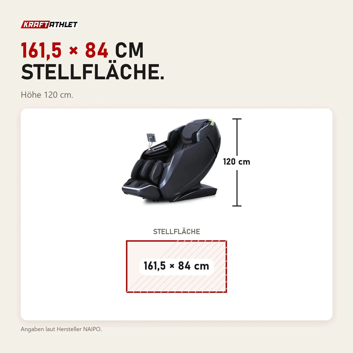 Maßbild NAIPO S61 4D Massagesessel: Stellfläche 161,5 × 84 cm, Höhe 120 cm