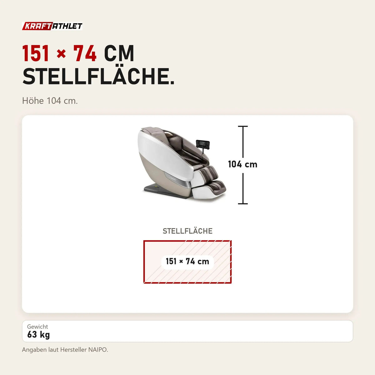 Maßbild NAIPO Tai Chi Flow P50 Massagesessel: Stellfläche 151 × 74 cm, Höhe 104 cm