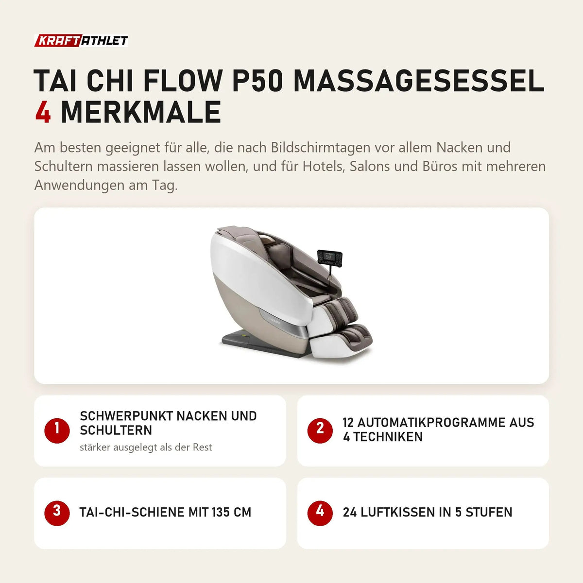 NAIPO Tai Chi Flow P50 Massagesessel mit 4 Merkmalen: Schwerpunkt Nacken und Schultern, 12 Automatikprogramme aus 4 Techniken, Tai-Chi-Schiene mit 135 cm, 24 Luftkissen in 5 Stufen