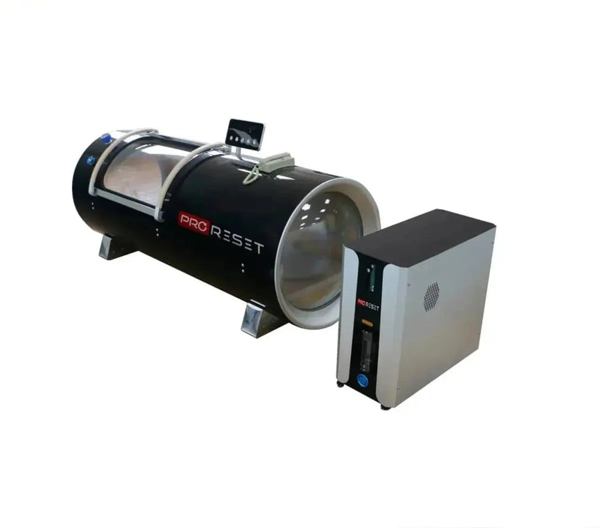 "ProReset Orbit portable hyperbaric chamber with reclining lounge chair and four viewing windows."