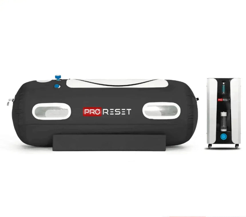 "ProReset Flow 80/90 portable hyperbaric chamber with options for seated and reclining positions."
