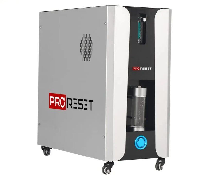 "ProReset Oasis portable hyperbaric chamber with reclining lounge chair and four viewing windows."