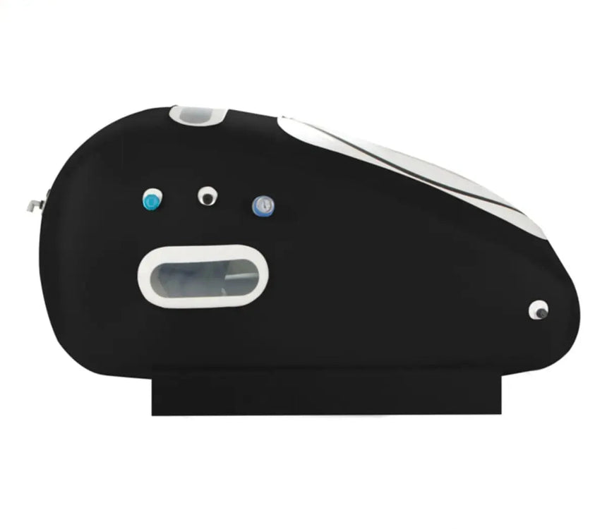 "ProReset Oasis portable hyperbaric chamber with reclining lounge chair and four viewing windows."