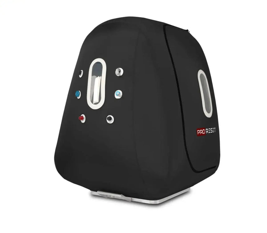 "ProReset Space wheelchair accessible hyperbaric chamber with foldable metal ramp and four viewing windows."