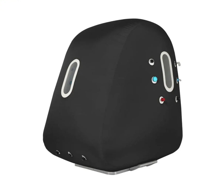 "ProReset Space wheelchair accessible hyperbaric chamber with foldable metal ramp and four viewing windows."