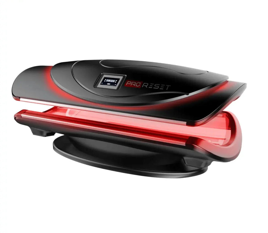 "ProReset AuraLight full body red light therapy bed with LCD touch controls and high-performance LEDs."