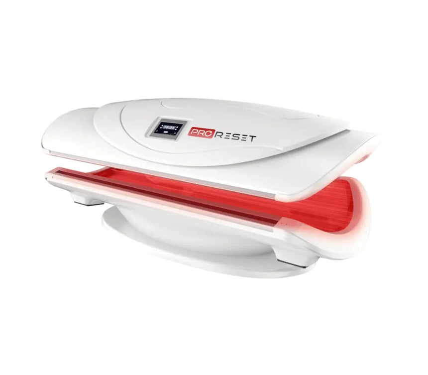 "ProReset AuraLight full body red light therapy bed with LCD touch controls and high-performance LEDs."