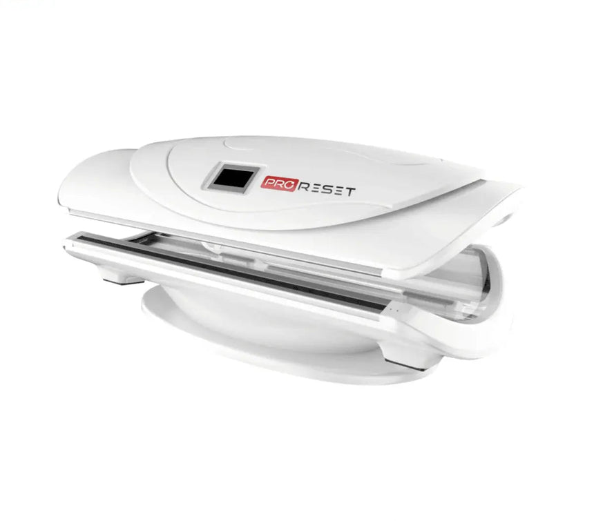 "ProReset AuraLight full body red light therapy bed with LCD touch controls and high-performance LEDs."