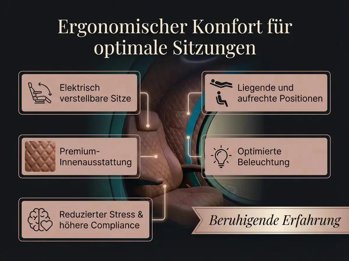 ProReset Anatolia Hyperbarkammer – Grafik zu Sitzen, Liegeposition und Beleuchtung