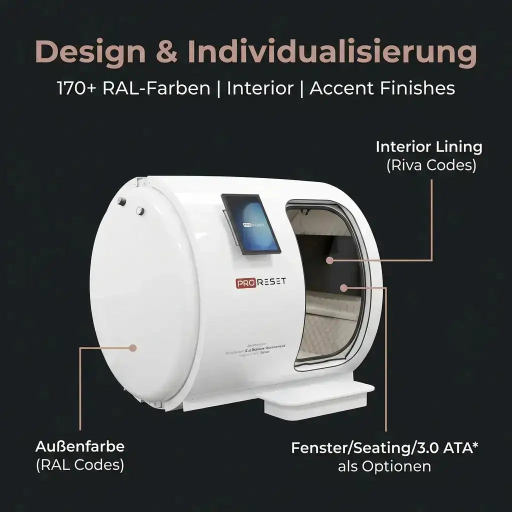 ProReset Atlantis Hyperbarkammer in Weiß mit Hinweisen zu Farben, Innenausstattung und Fenstern