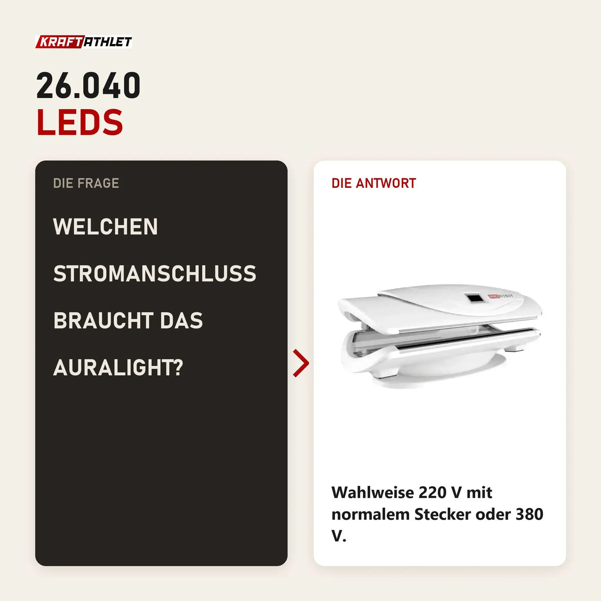 Frage und Antwort zu ProReset AuraLight Rotlichtbett: Welchen Stromanschluss braucht das AuraLight?