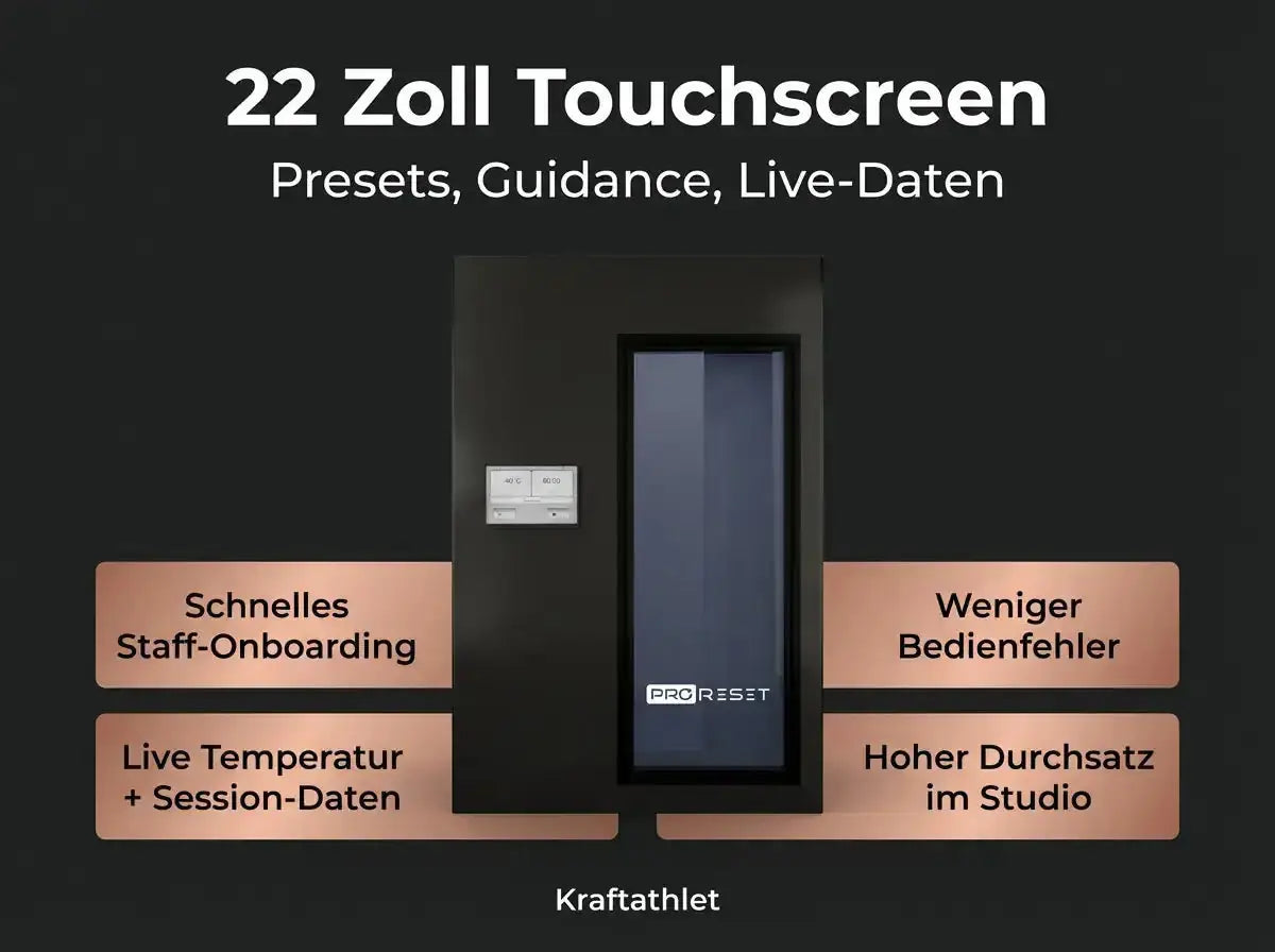 ProReset CryoPro e-Chill Elektrische Kryokammer – Grafik zum Touchscreen mit Presets und Live-Daten