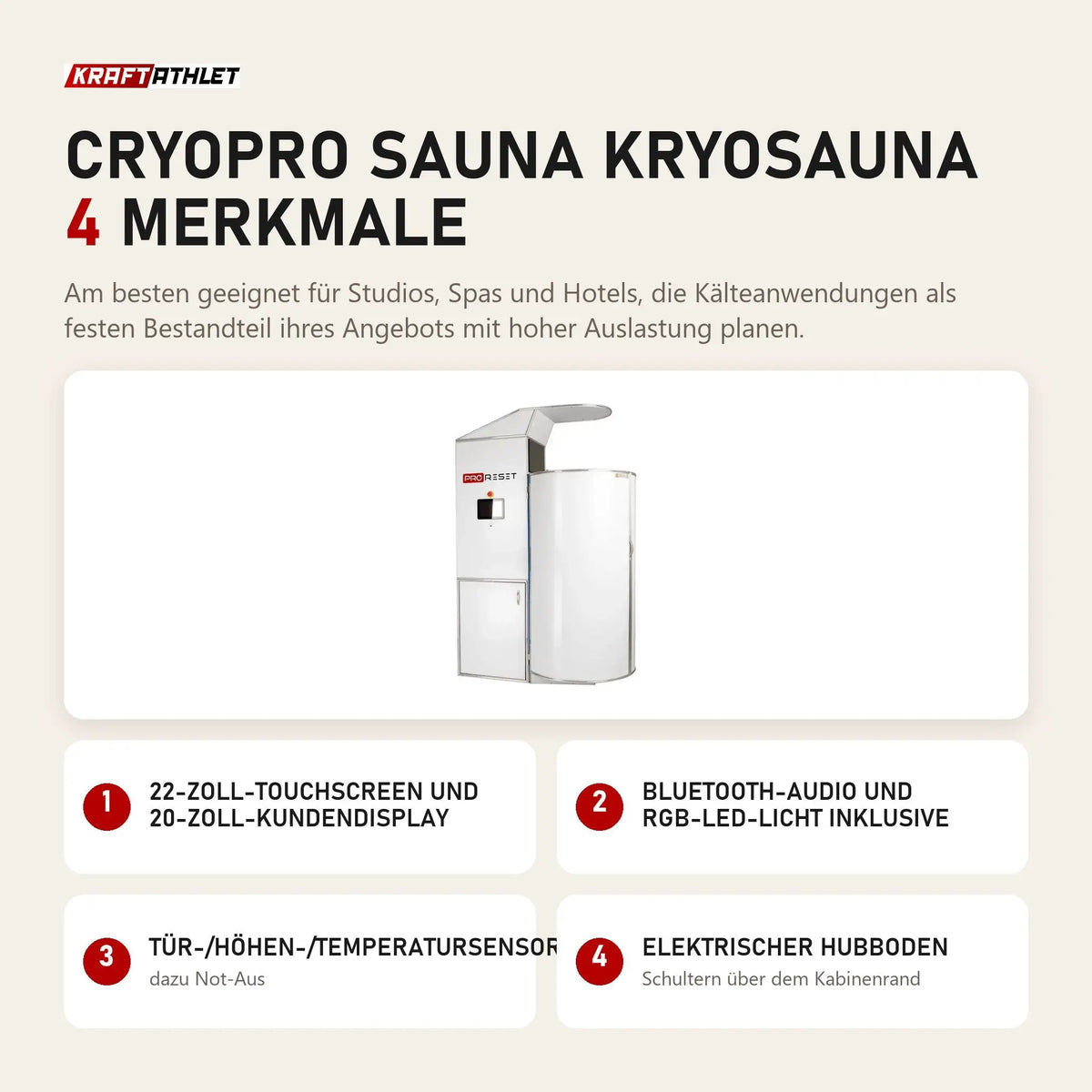 ProReset CryoPro Sauna Kryosauna mit 4 Merkmalen: 22-Zoll-Touchscreen und 20-Zoll-Kundendisplay, Bluetooth-Audio und RGB-LED-Licht inklusive, Tür-/Höhen-/Temperatursensoren, Elektrischer Hubboden