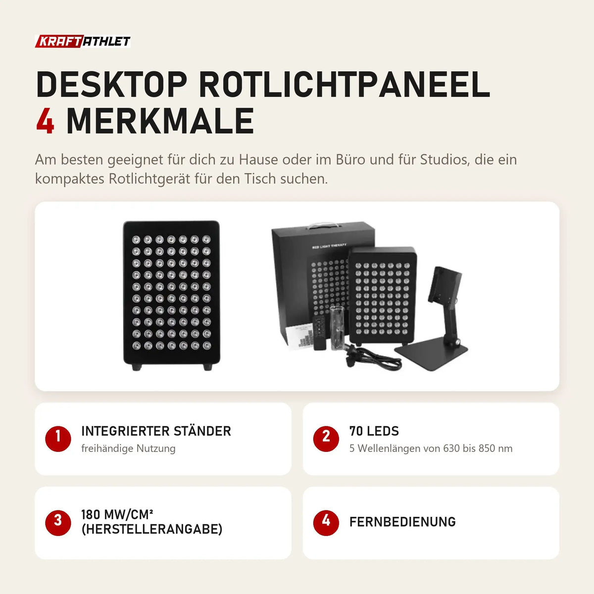ProReset Desktop Rotlichtpaneel mit 4 Merkmalen: Integrierter Ständer, 70 LEDs, 180 mW/cm² (Herstellerangabe), Fernbedienung
